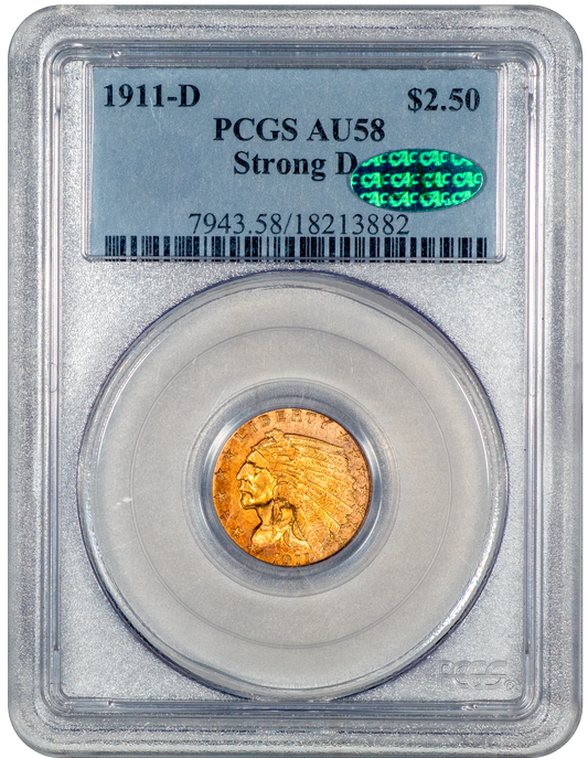 1911-D $2.5 STRONG D AU58 PCGS CAC