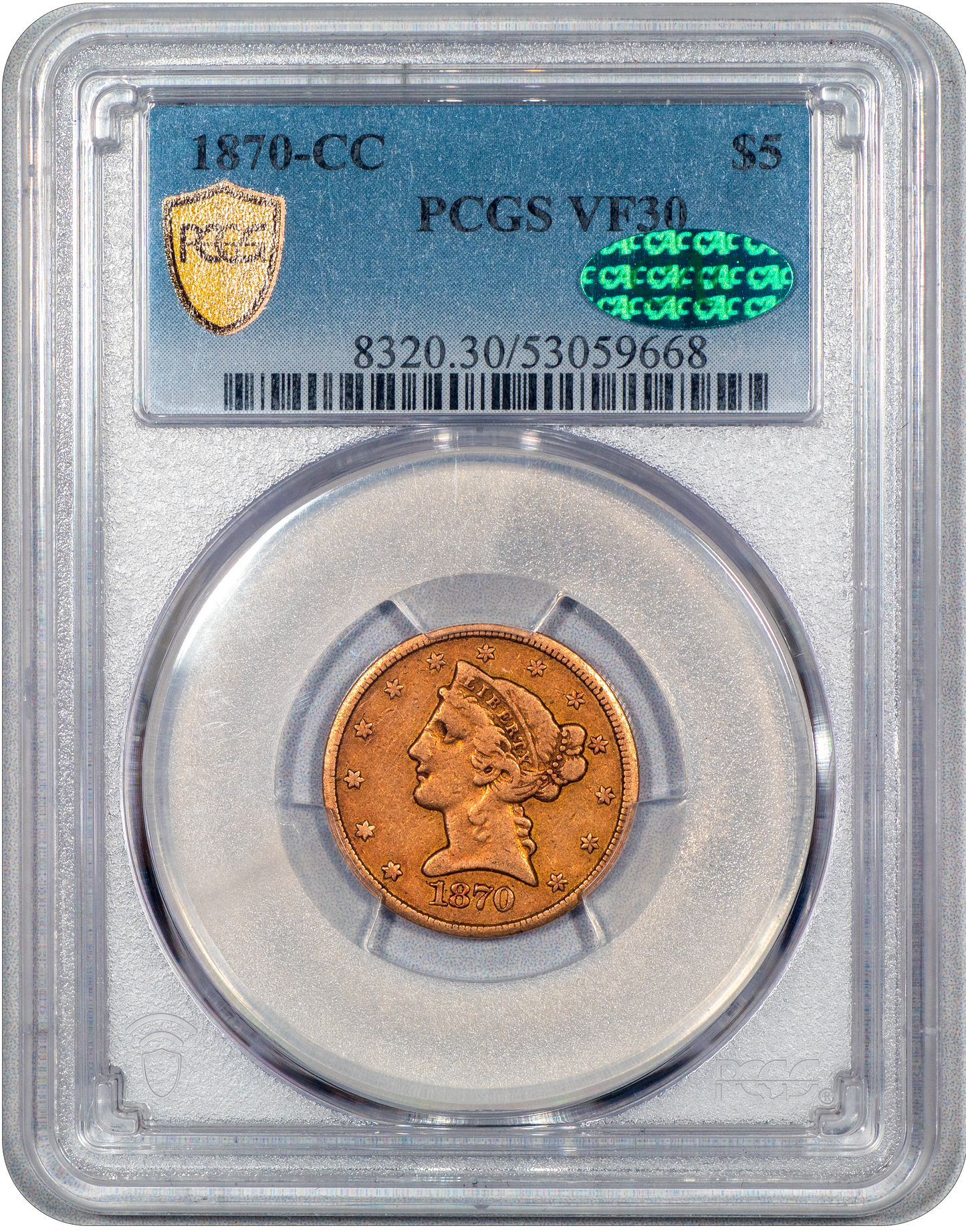 1870-CC $5 VF30 PCGS CAC