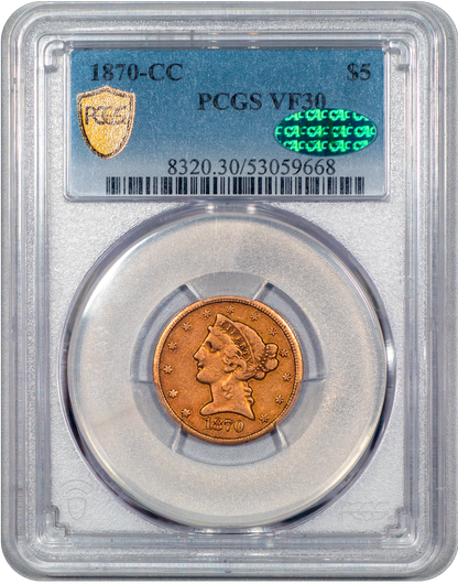 1870-CC $5 VF30 PCGS CAC