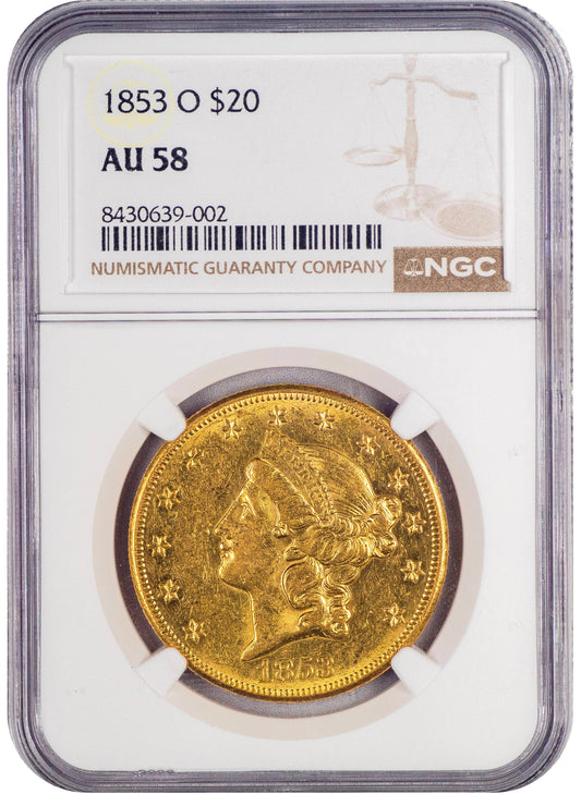 1853-O $20 AU58 NGC
