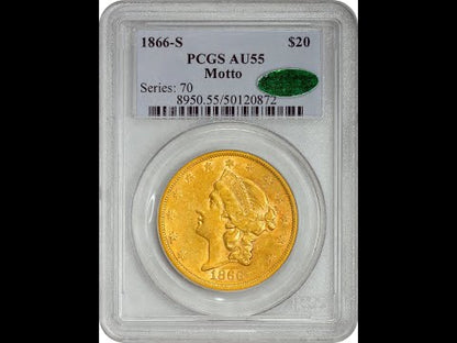 1866-S $20 MOTTO AU55 PCGS CAC