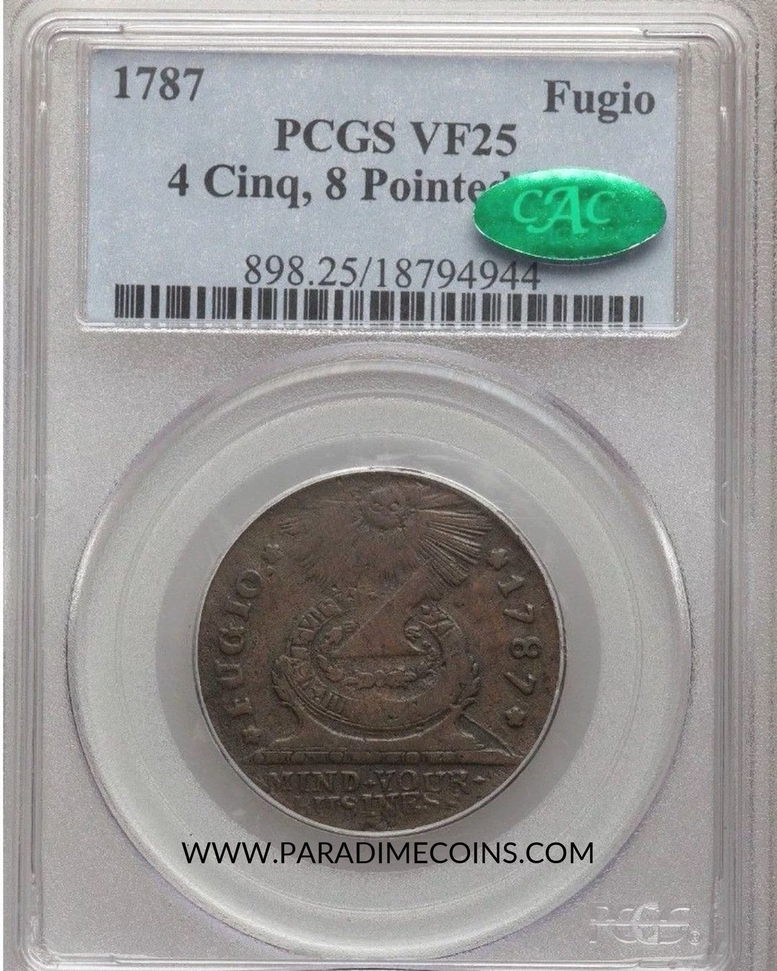 1787 VF25 FUGIO PCGS CAC - Paradime Coins US Coins For Sale