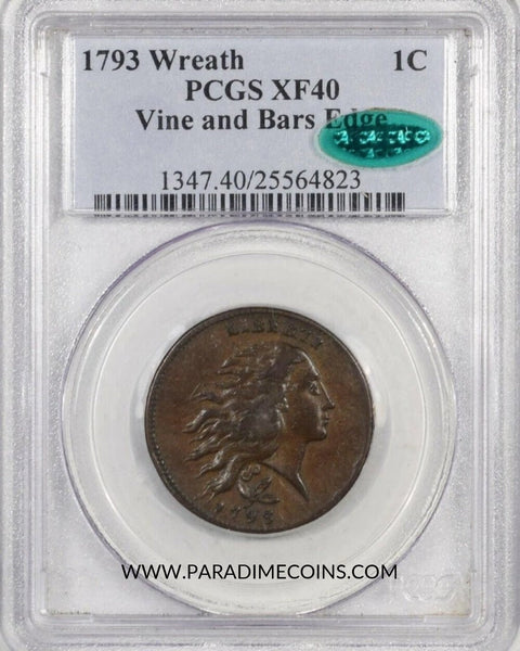 1793 WREATH & BARS EDGE 1C XF40 PCGS CAC - Paradime Coins | PCGS NGC CACG CAC Rare US Numismatic Coins For Sale