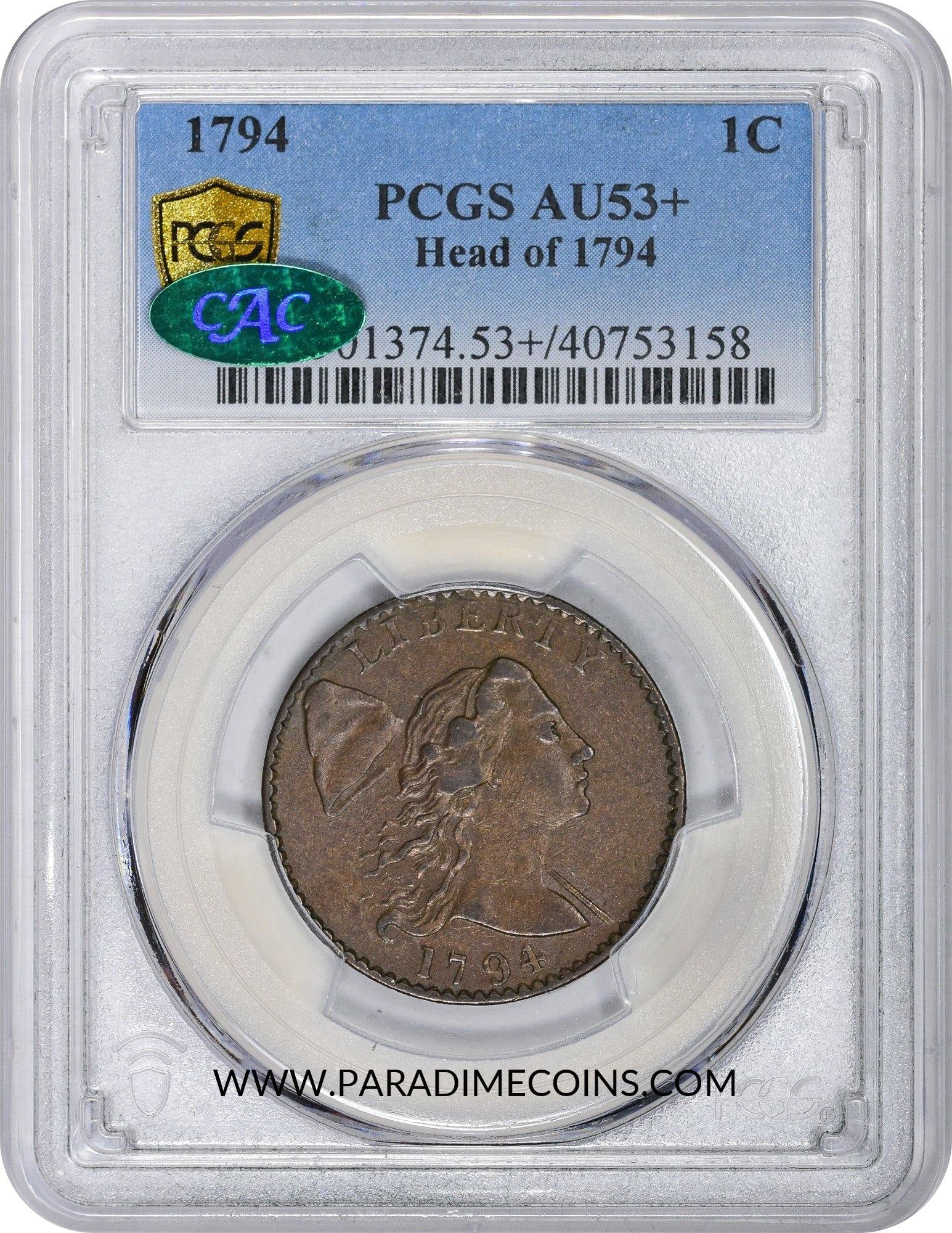 1794 1C S-26 HEAD OF 94 AU53+ PCGS CAC - Paradime Coins | PCGS NGC CACG CAC Rare US Numismatic Coins For Sale