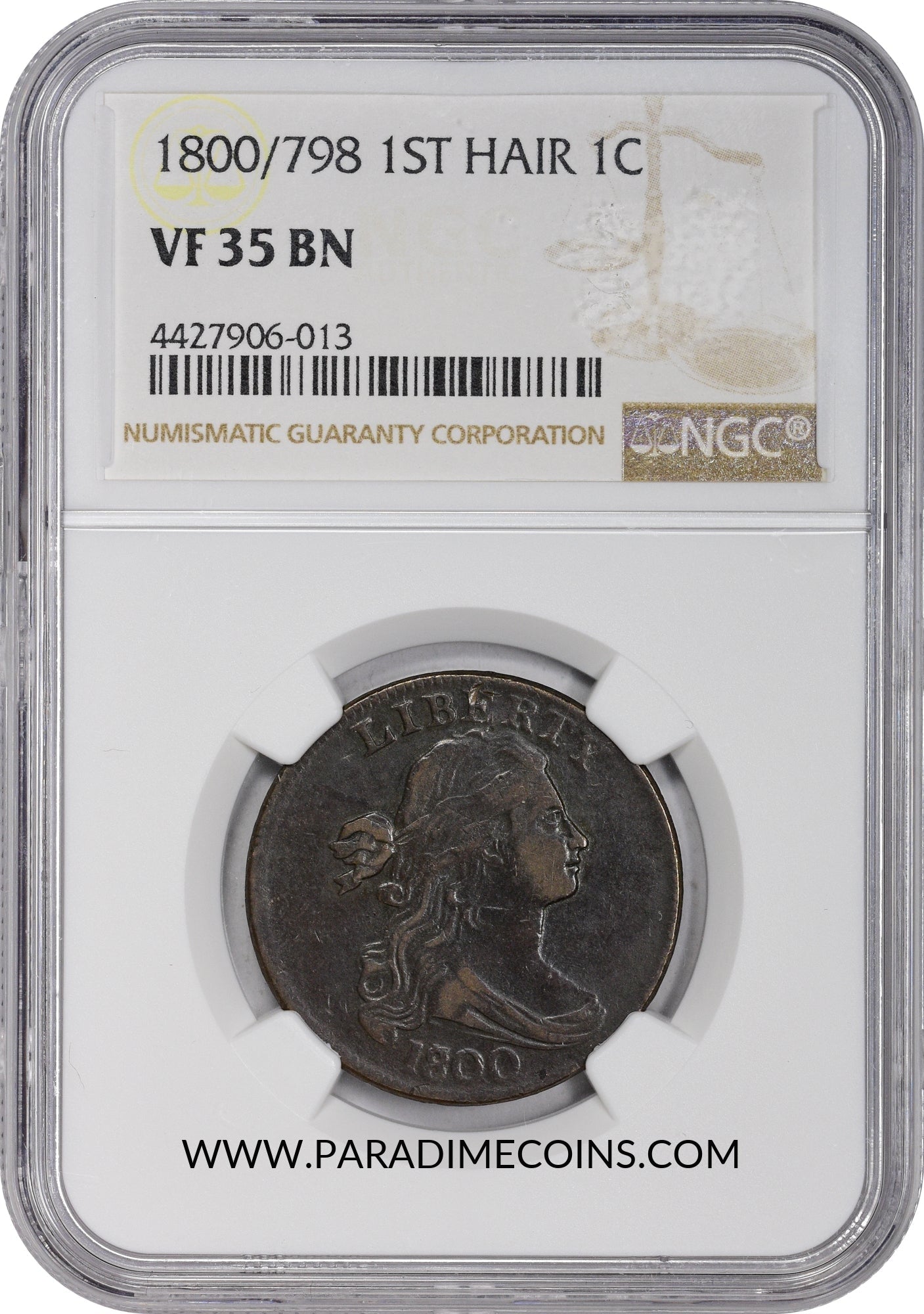 1800/798 1ST HAIR 1C VF35 NGC - Paradime Coins | PCGS NGC CACG CAC Rare US Numismatic Coins For Sale