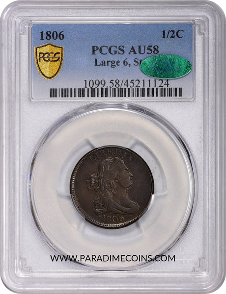 1806 1/2C LARGE 6 STEMS AU58 PCGS CAC - Paradime Coins | PCGS NGC CACG CAC Rare US Numismatic Coins For Sale