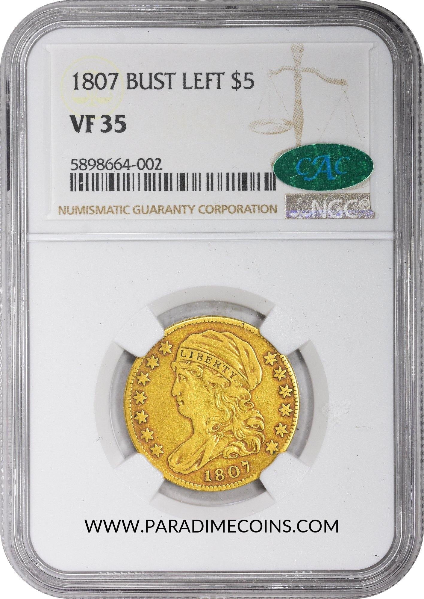 1807 $5 Capped Bust Left VF35 NGC CAC - Paradime Coins | PCGS NGC CACG CAC Rare US Numismatic Coins For Sale