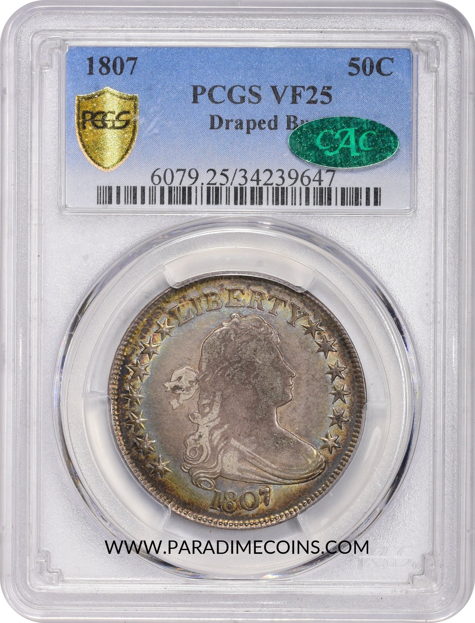 1807 50C DRAPED VF25 PCGS CAC - Paradime Coins US Coins For Sale
