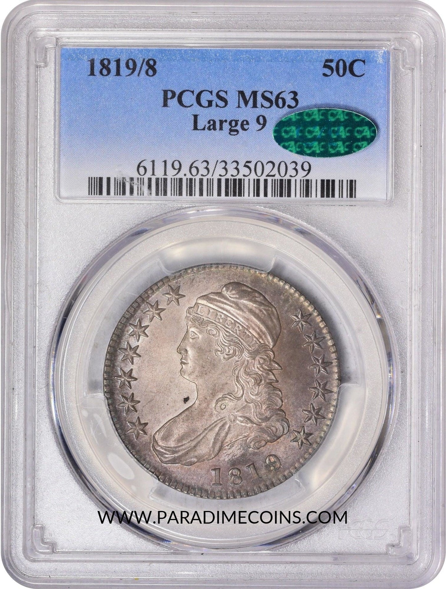 1819/8 LARGE 9 50C MS63 PCGS CAC - Paradime Coins | PCGS NGC CACG CAC Rare US Numismatic Coins For Sale