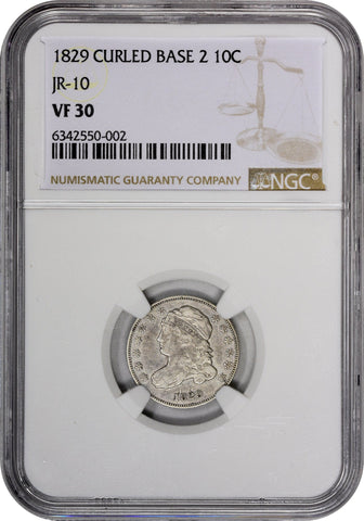 1829 10C CURL BASE 2 VF30 NGC - Paradime Coins | PCGS NGC CACG CAC Rare US Numismatic Coins For Sale