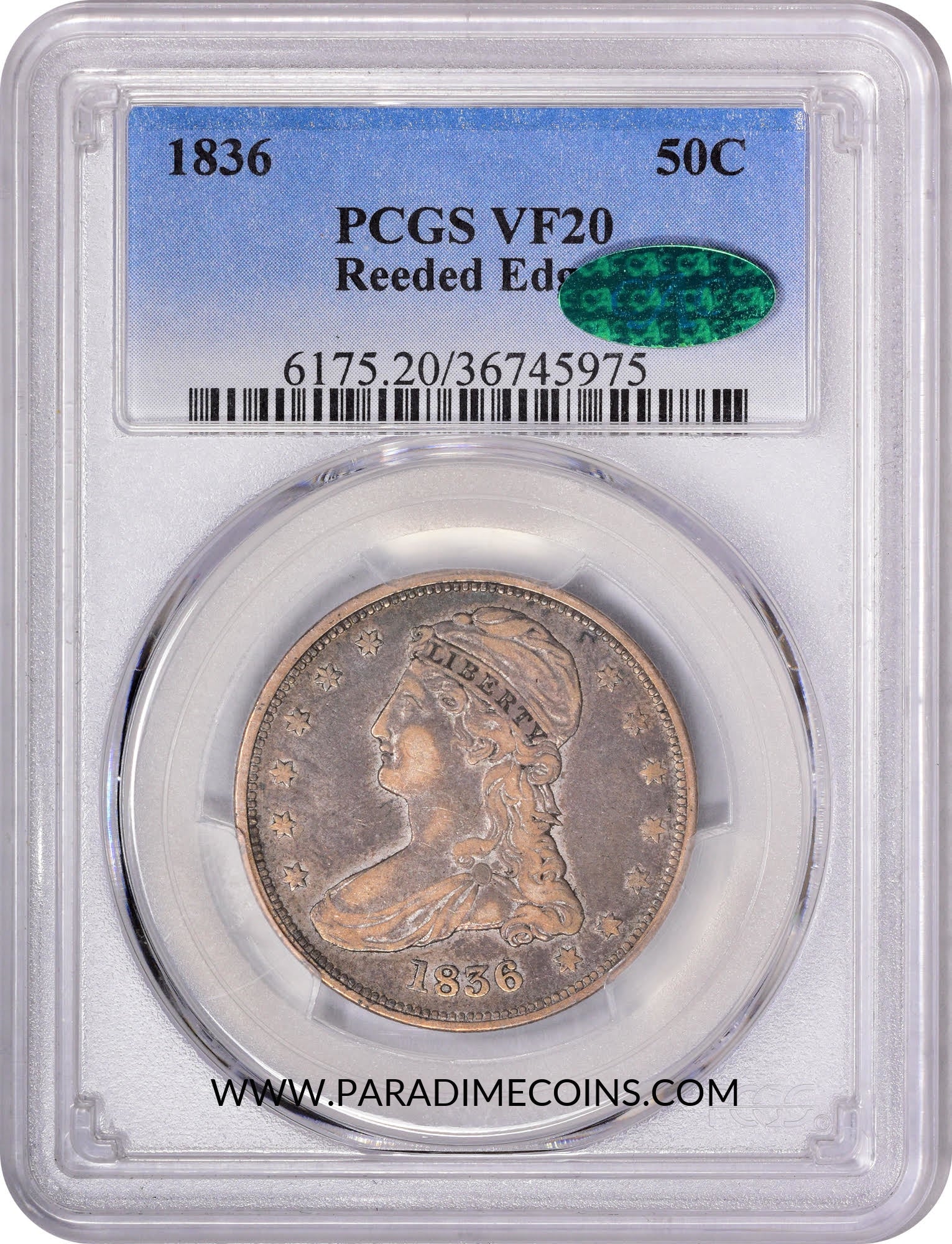 1836 50C REEDED EDGE VF20 PCGS CAC - Paradime Coins | PCGS NGC CACG CAC Rare US Numismatic Coins For Sale