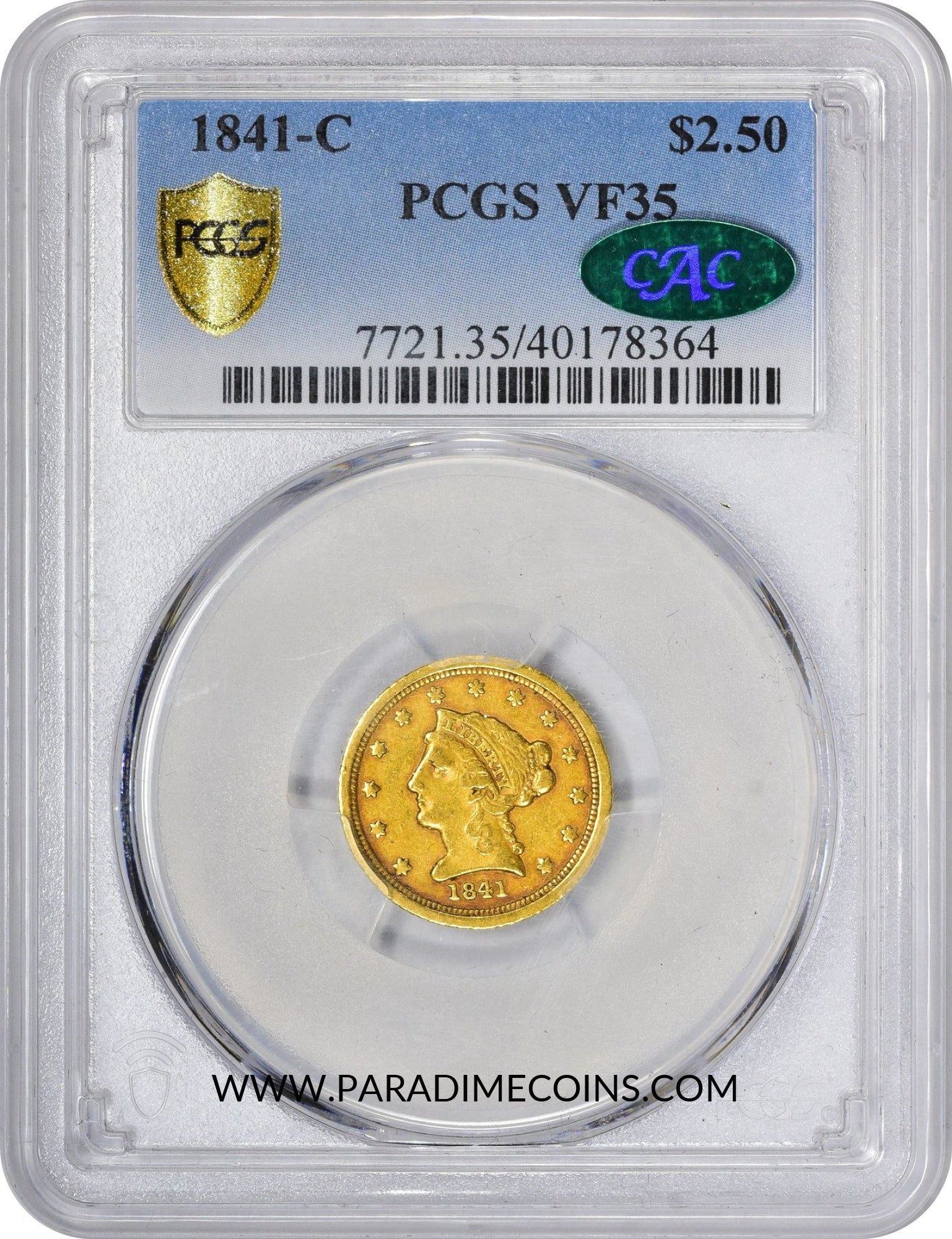 1841-C $2.5 VF35 PCGS CAC - Paradime Coins US Coins For Sale