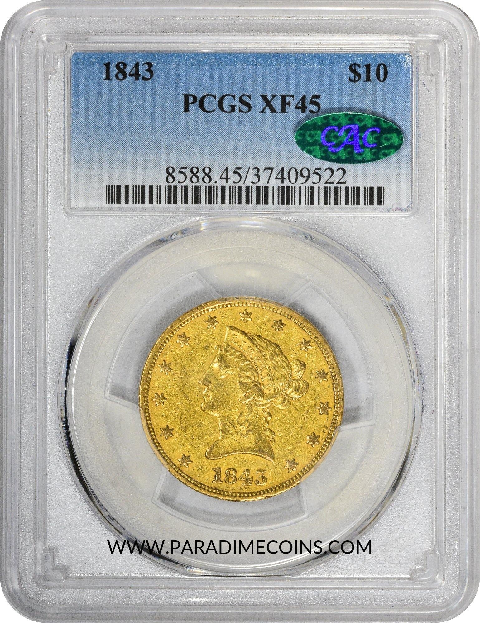 1843 $10 XF45 PCGS CAC - Paradime Coins | PCGS NGC CACG CAC Rare US Numismatic Coins For Sale