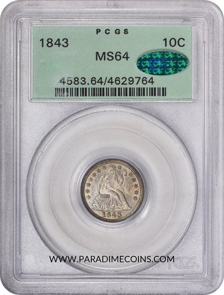 1843 10C MS64 OGH PCGS CAC - Paradime Coins US Coins For Sale