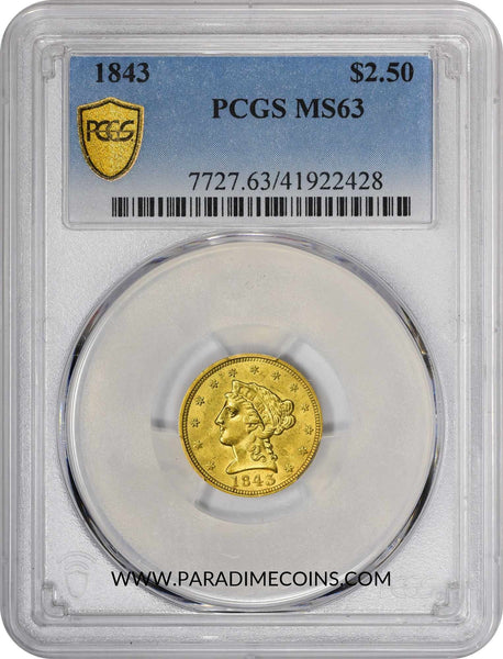 1843 $2.5 MS63 PCGS - Paradime Coins | PCGS NGC CACG CAC Rare US Numismatic Coins For Sale