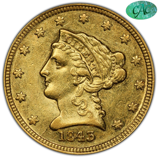 1843-C $2.5 SMALL DATE AU58 PCGS CAC - Paradime Coins | PCGS NGC CACG CAC Rare US Numismatic Coins For Sale