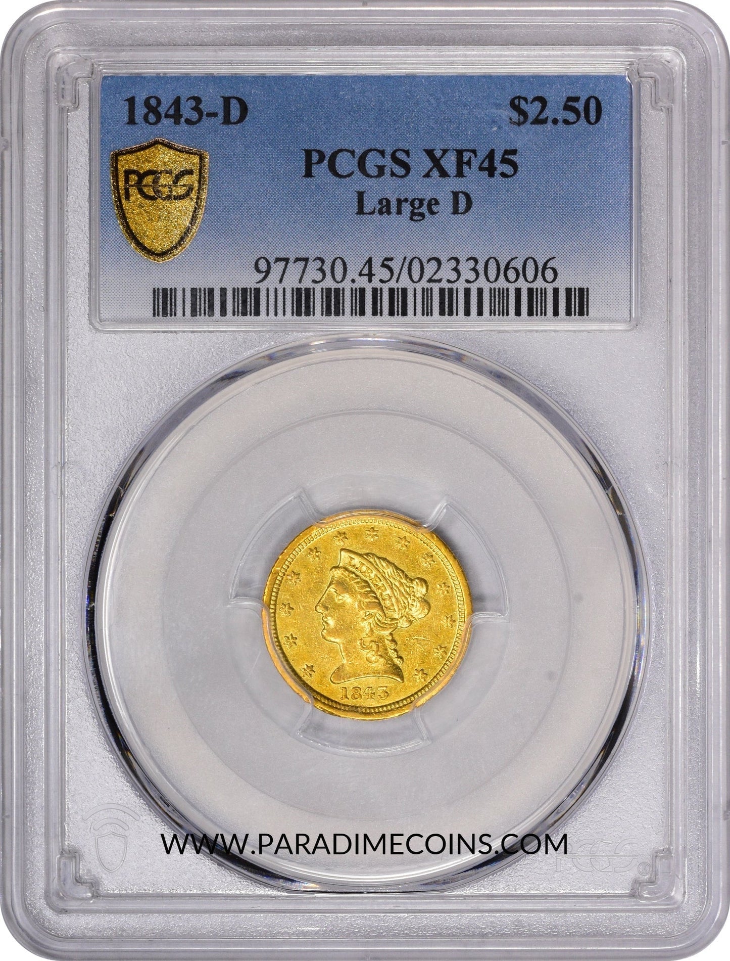 1843-D $2.5 LARGE D XF45 PCGS - Paradime Coins | PCGS NGC CACG CAC Rare US Numismatic Coins For Sale