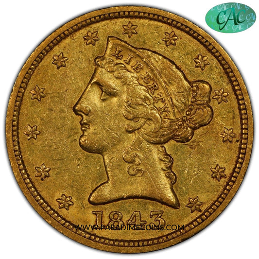 1843-D $5 SMALL D AU58 PCGS CAC - Paradime Coins | PCGS NGC CACG CAC Rare US Numismatic Coins For Sale