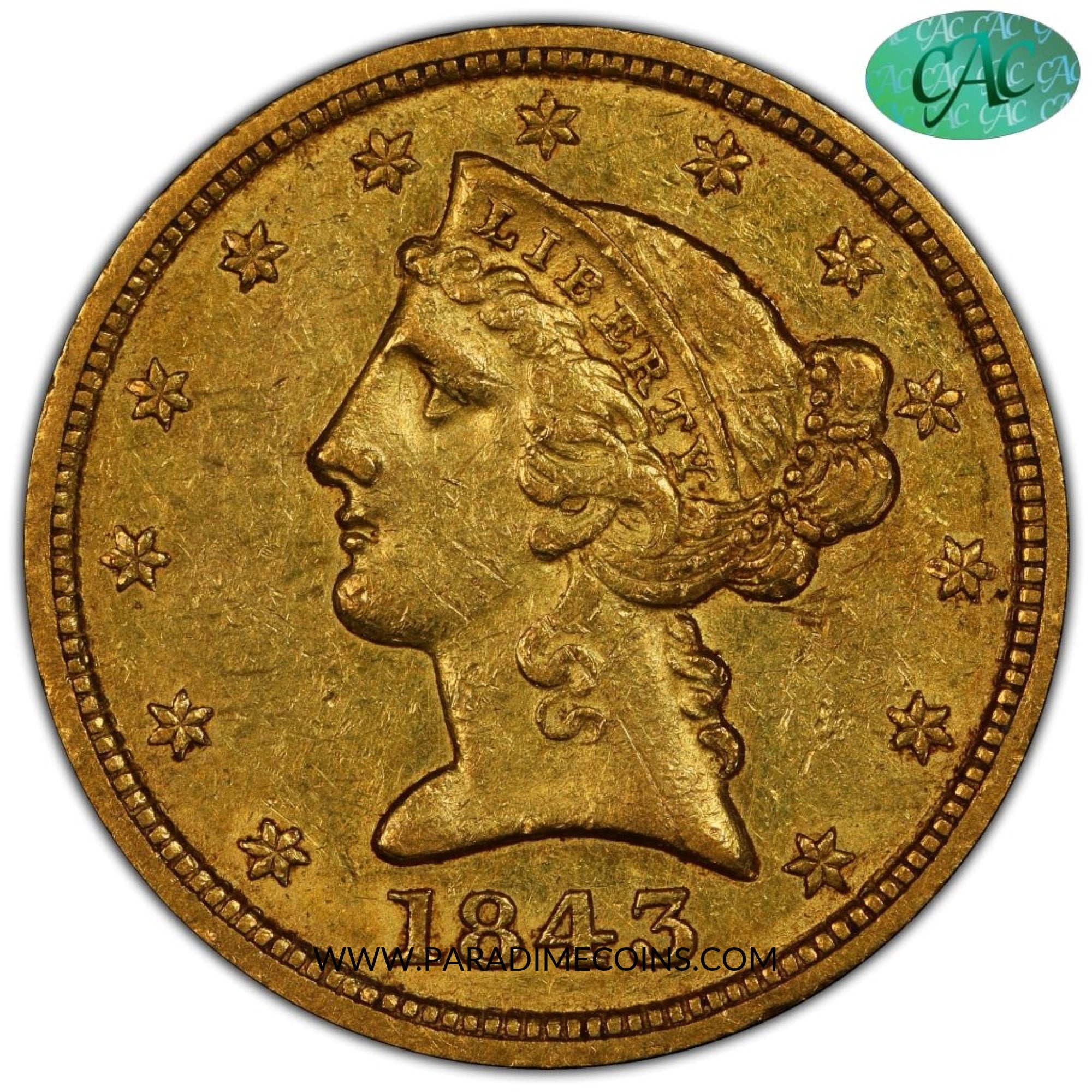 1843-D $5 SMALL D AU58 PCGS CAC - Paradime Coins | PCGS NGC CACG CAC Rare US Numismatic Coins For Sale