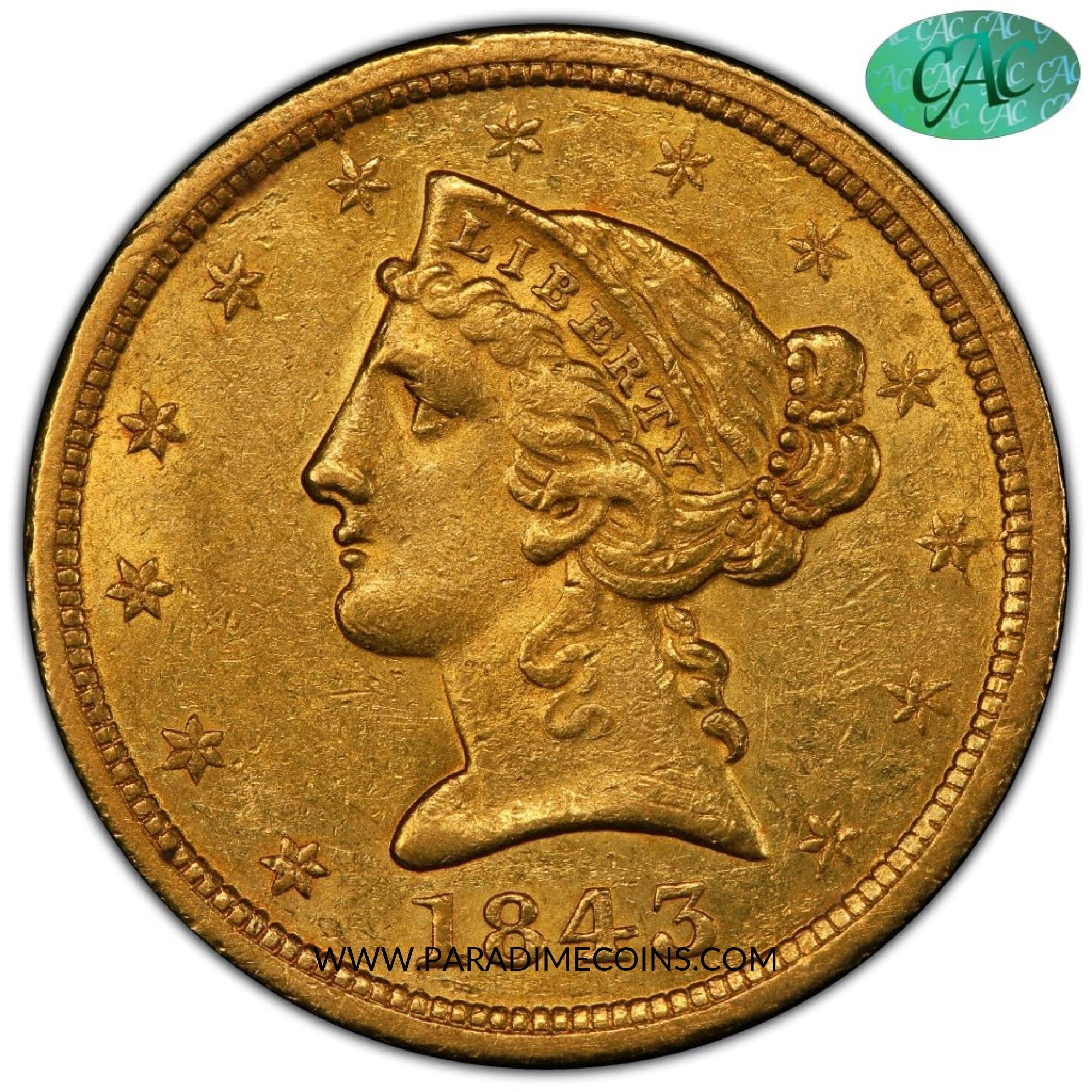 1843-O $5 SMALL LT AU58 PCGS CAC - Paradime Coins | PCGS NGC CACG CAC Rare US Numismatic Coins For Sale
