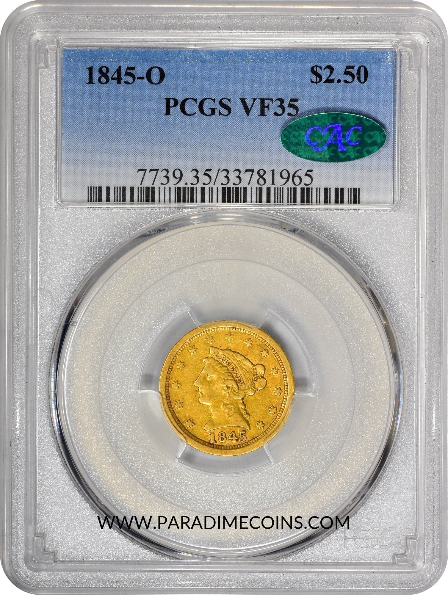 1845-O $2.5 VF35 PCGS CAC - Paradime Coins | PCGS NGC CACG CAC Rare US Numismatic Coins For Sale