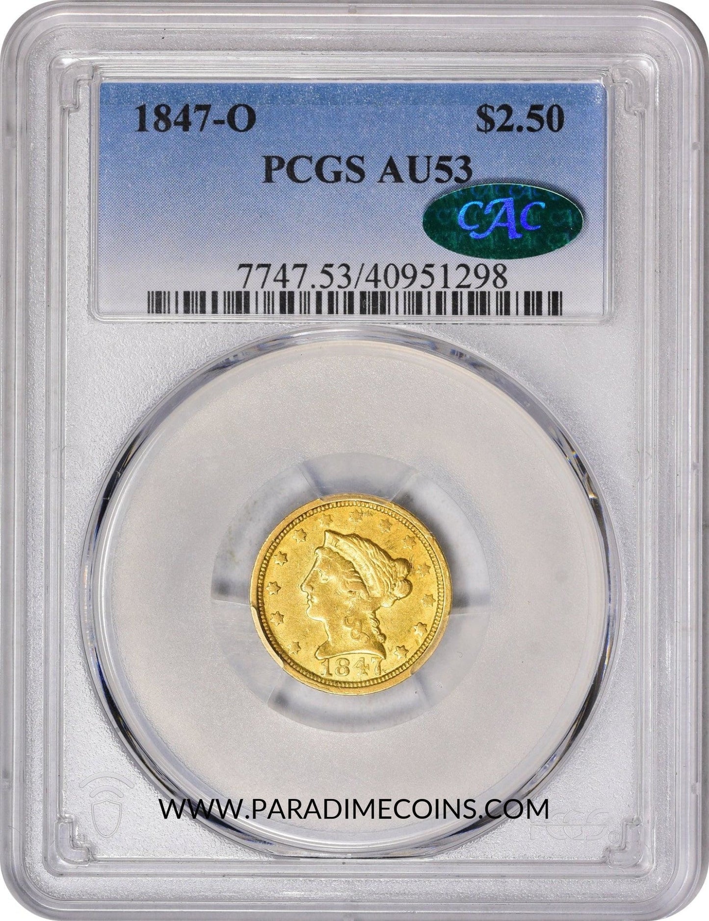 1847-O $2.5 AU53 PCGS CAC - Paradime Coins | PCGS NGC CACG CAC Rare US Numismatic Coins For Sale