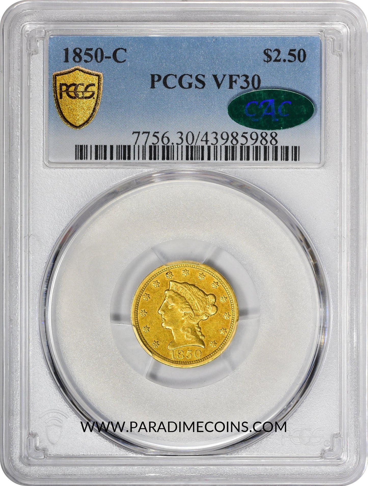 1850-C $2.5 VF30 PCGS CAC - Paradime Coins | PCGS NGC CACG CAC Rare US Numismatic Coins For Sale