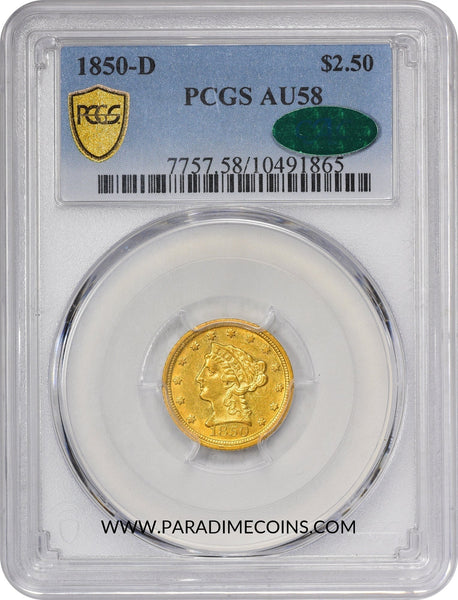 1850-D $2.5 AU58 PCGS CAC - Paradime Coins | PCGS NGC CACG CAC Rare US Numismatic Coins For Sale