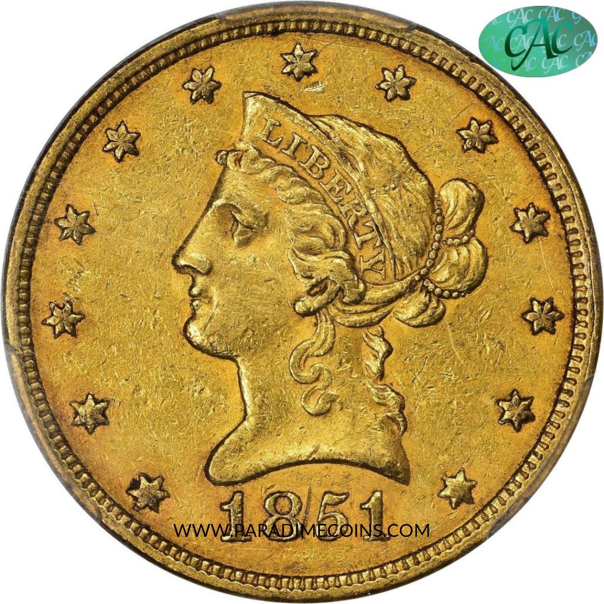 1851 $10 AU50 PCGS CAC - Paradime Coins | PCGS NGC CACG CAC Rare US Numismatic Coins For Sale