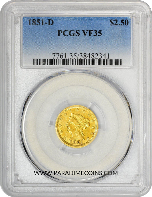 1851-D $2.5 VF35 PCGS - Paradime Coins | PCGS NGC CACG CAC Rare US Numismatic Coins For Sale