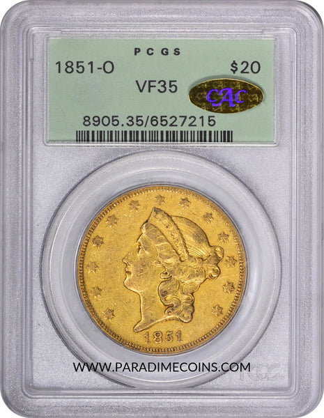 1851-O $20 VF35 OGH PCGS GOLD CAC - Paradime Coins | PCGS NGC CACG CAC Rare US Numismatic Coins For Sale