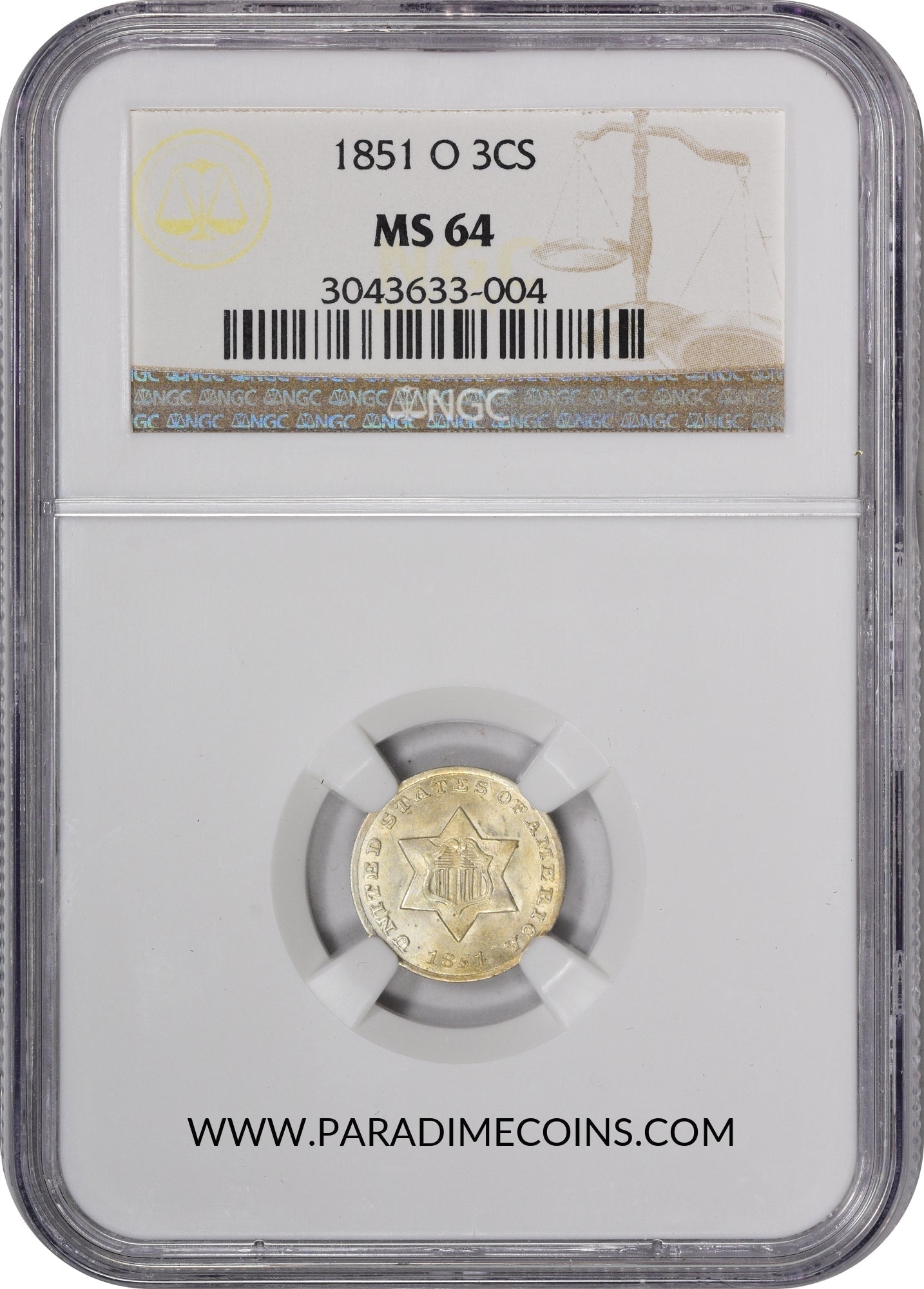 1851-O 3CS MS64 NGC - Paradime Coins | PCGS NGC CACG CAC Rare US Numismatic Coins For Sale