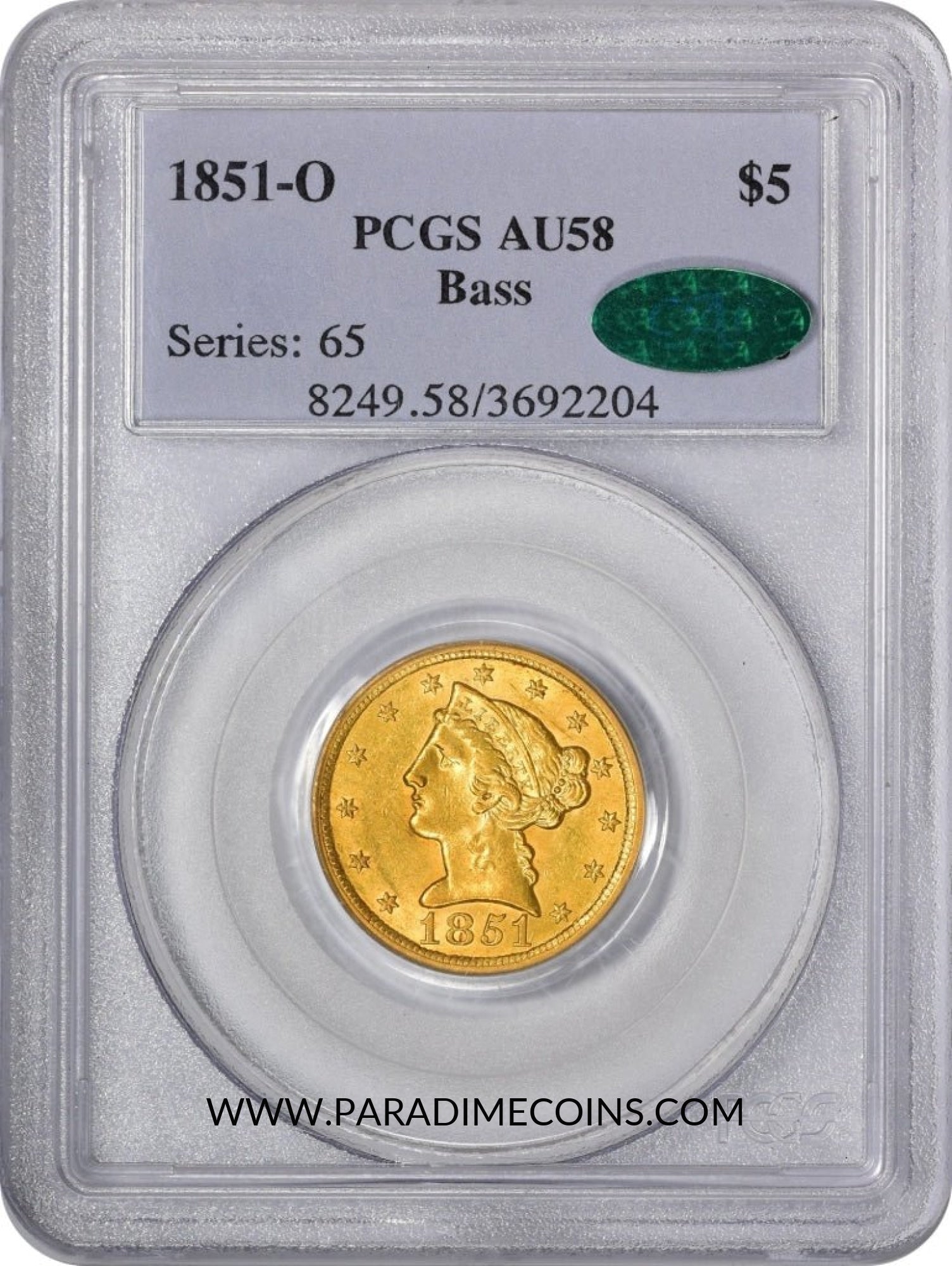 1851-O $5 AU58 PCGS CAC EX BASS - Paradime Coins | PCGS NGC CACG CAC Rare US Numismatic Coins For Sale