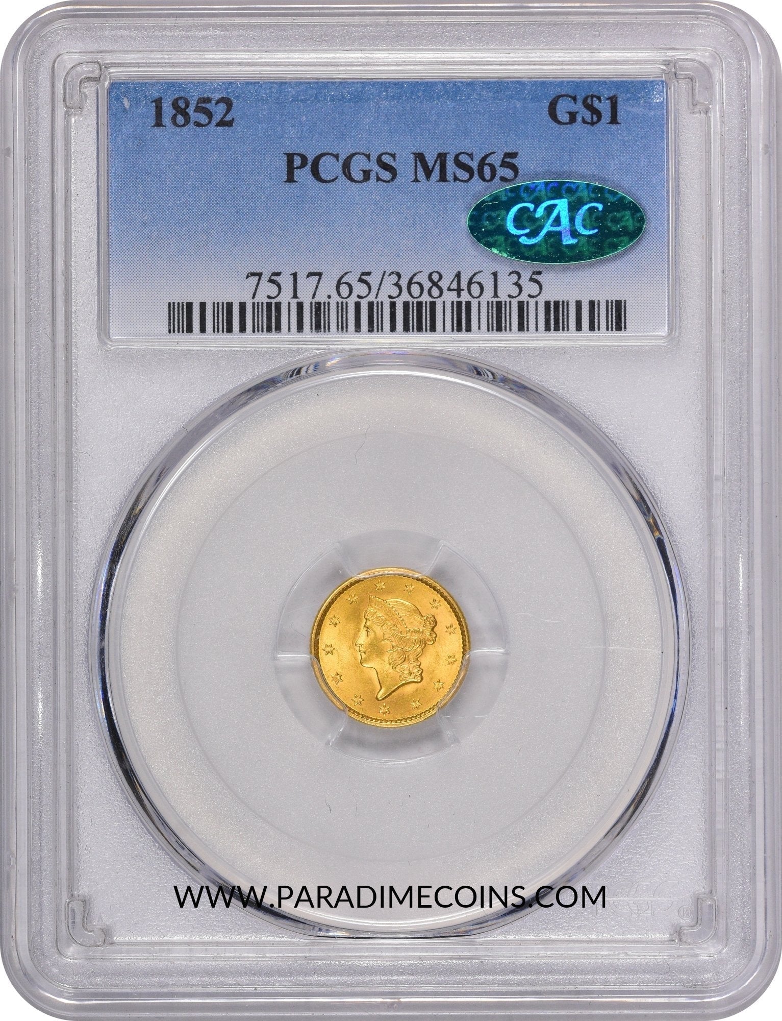 1852 G$1 MS65 PCGS CAC - Paradime Coins US Coins For Sale