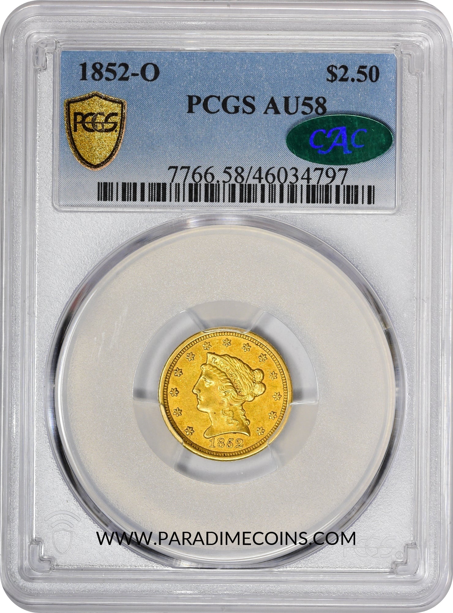 1852-O $2.5 AU58 PCGS CAC - Paradime Coins | PCGS NGC CACG CAC Rare US Numismatic Coins For Sale