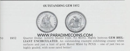1852 25C MS66 OGH PCGS CAC - Paradime Coins | PCGS NGC CACG CAC Rare US Numismatic Coins For Sale