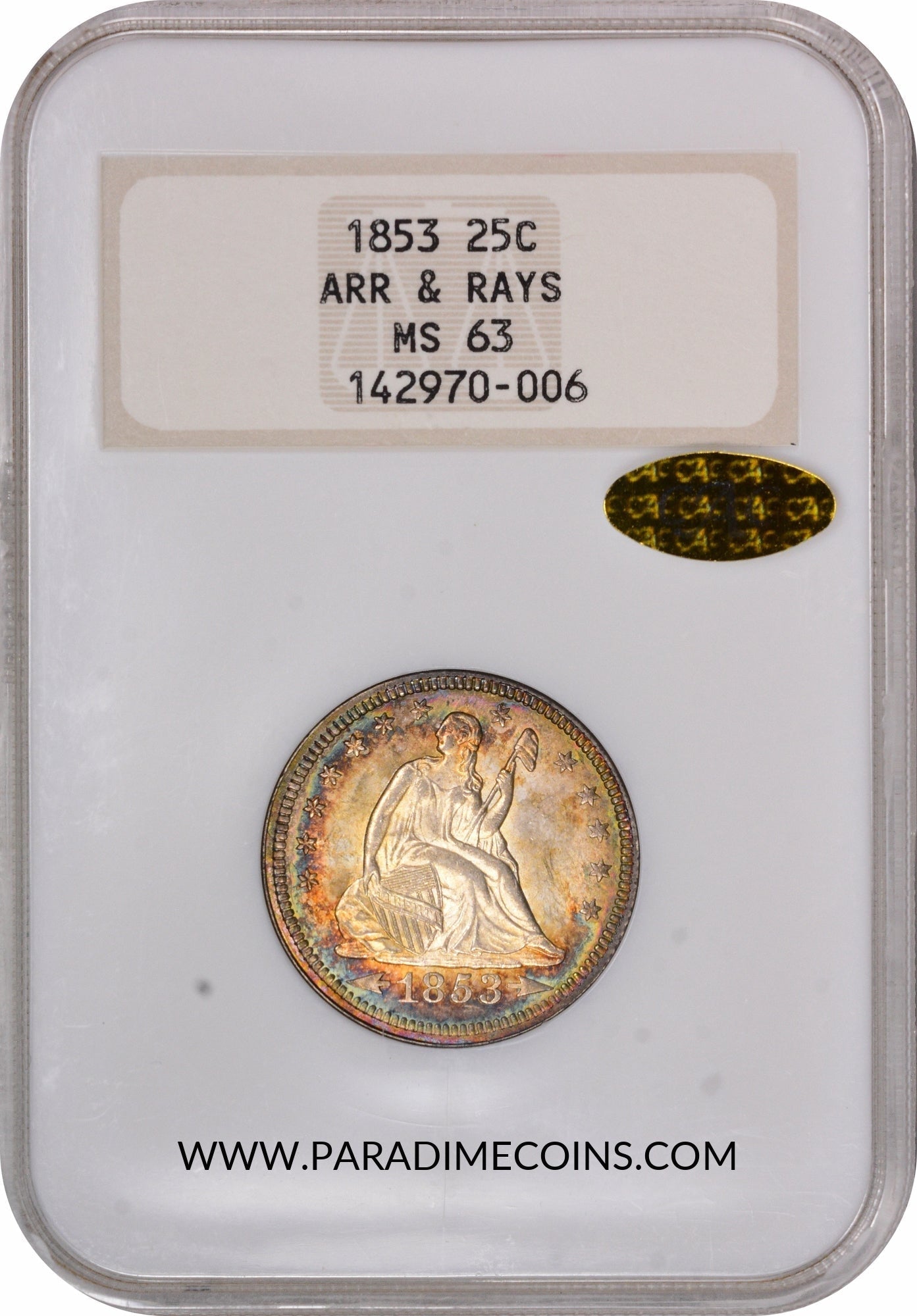 1853 25C ARROWS & RAYS MS63 OH NGC GOLD CAC - Paradime Coins | PCGS NGC CACG CAC Rare US Numismatic Coins For Sale