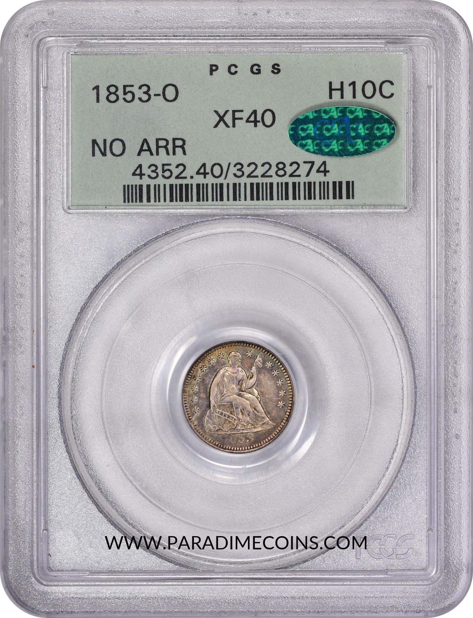1853-O H10C NO ARROWS XF40 OGH PCGS CAC - Paradime Coins US Coins For Sale