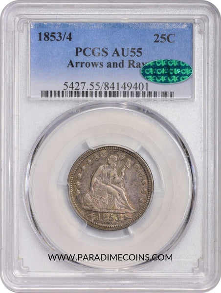 1853/4 ARROWS & RAYS 25C AU55 PCGS CAC - Paradime Coins | PCGS NGC CACG CAC Rare US Numismatic Coins For Sale