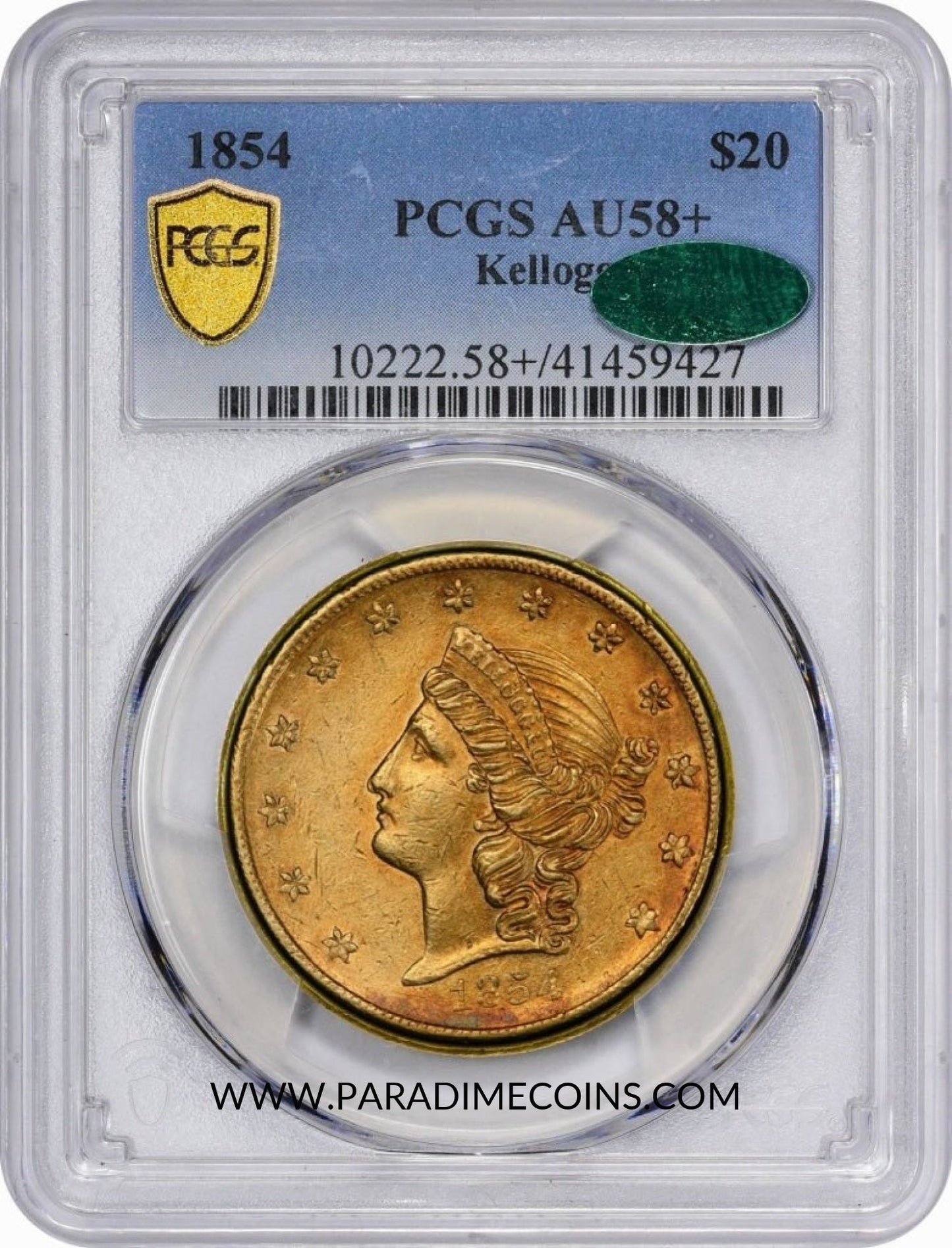 1854 $20 KELLOGG AU58+ PCGS CAC - Paradime Coins | PCGS NGC CACG CAC Rare US Numismatic Coins For Sale