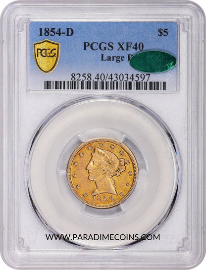 1854-D $5 Large D XF40 PCGS CAC - Paradime Coins | PCGS NGC CACG CAC Rare US Numismatic Coins For Sale