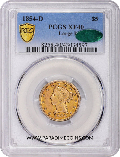 1854-D $5 Large D XF40 PCGS CAC - Paradime Coins | PCGS NGC CACG CAC Rare US Numismatic Coins For Sale
