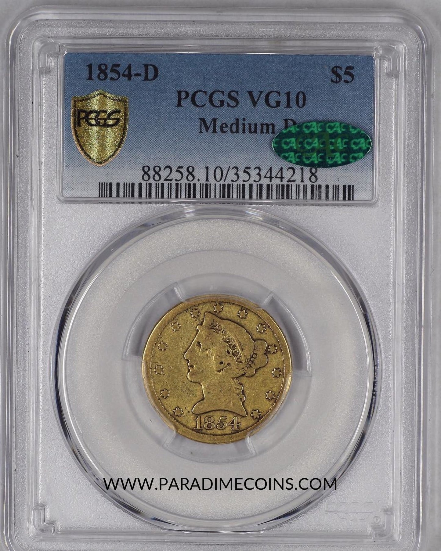 1854-D $5 VG10 MEDIUM PCGS CAC - Paradime Coins | PCGS NGC CACG CAC Rare US Numismatic Coins For Sale