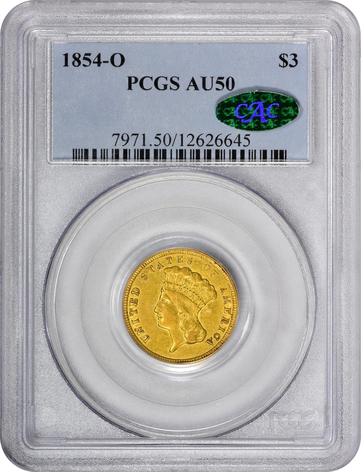1854-O $3 AU50 PCGS CAC - Paradime Coins | PCGS NGC CACG CAC Rare US Numismatic Coins For Sale