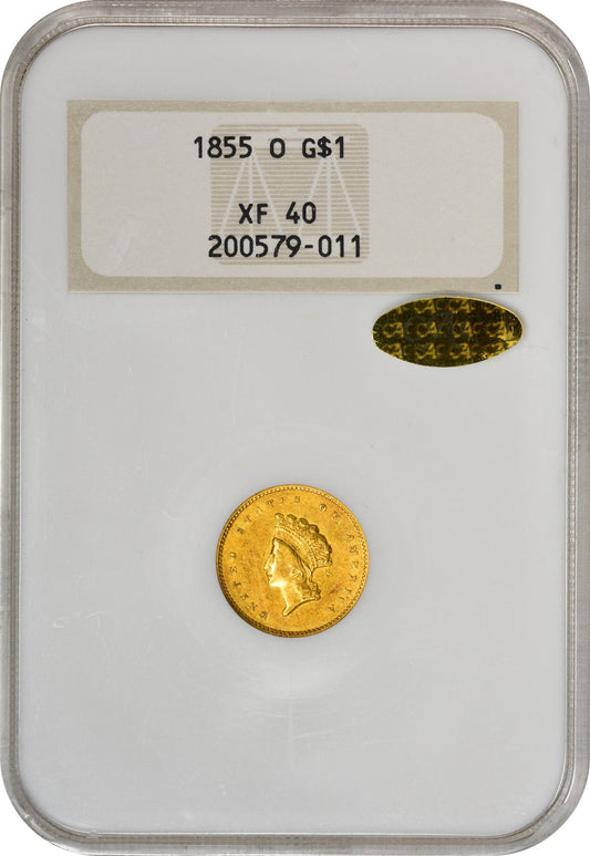 1855-O G$1 XF40 NGC OH GOLD CAC - Paradime Coins | PCGS NGC CACG CAC Rare US Numismatic Coins For Sale