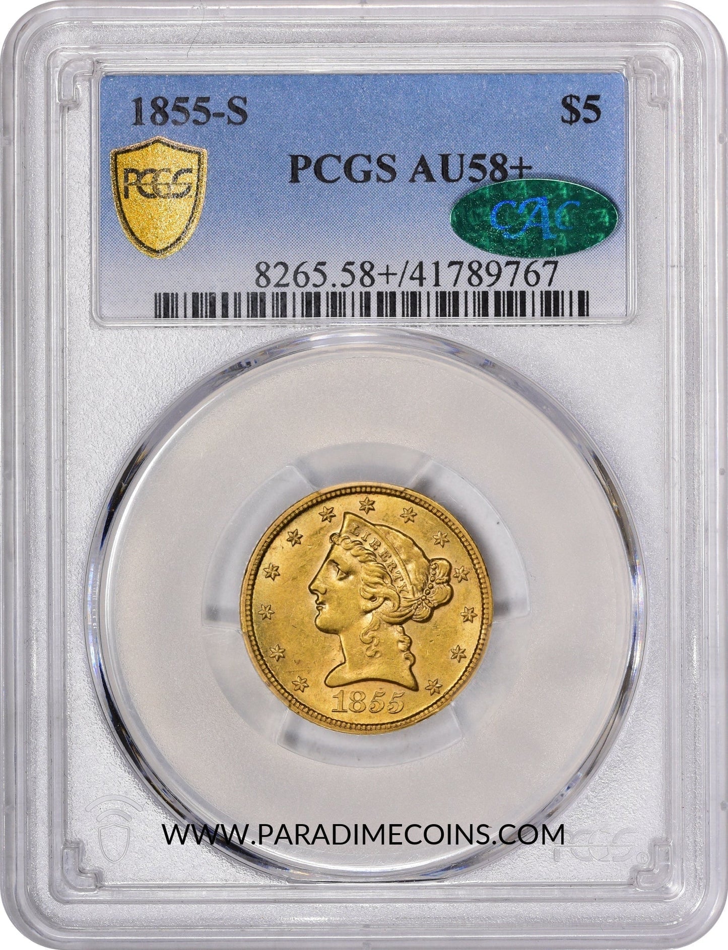 1855-S $5 AU58+ PCGS CAC - Paradime Coins | PCGS NGC CACG CAC Rare US Numismatic Coins For Sale