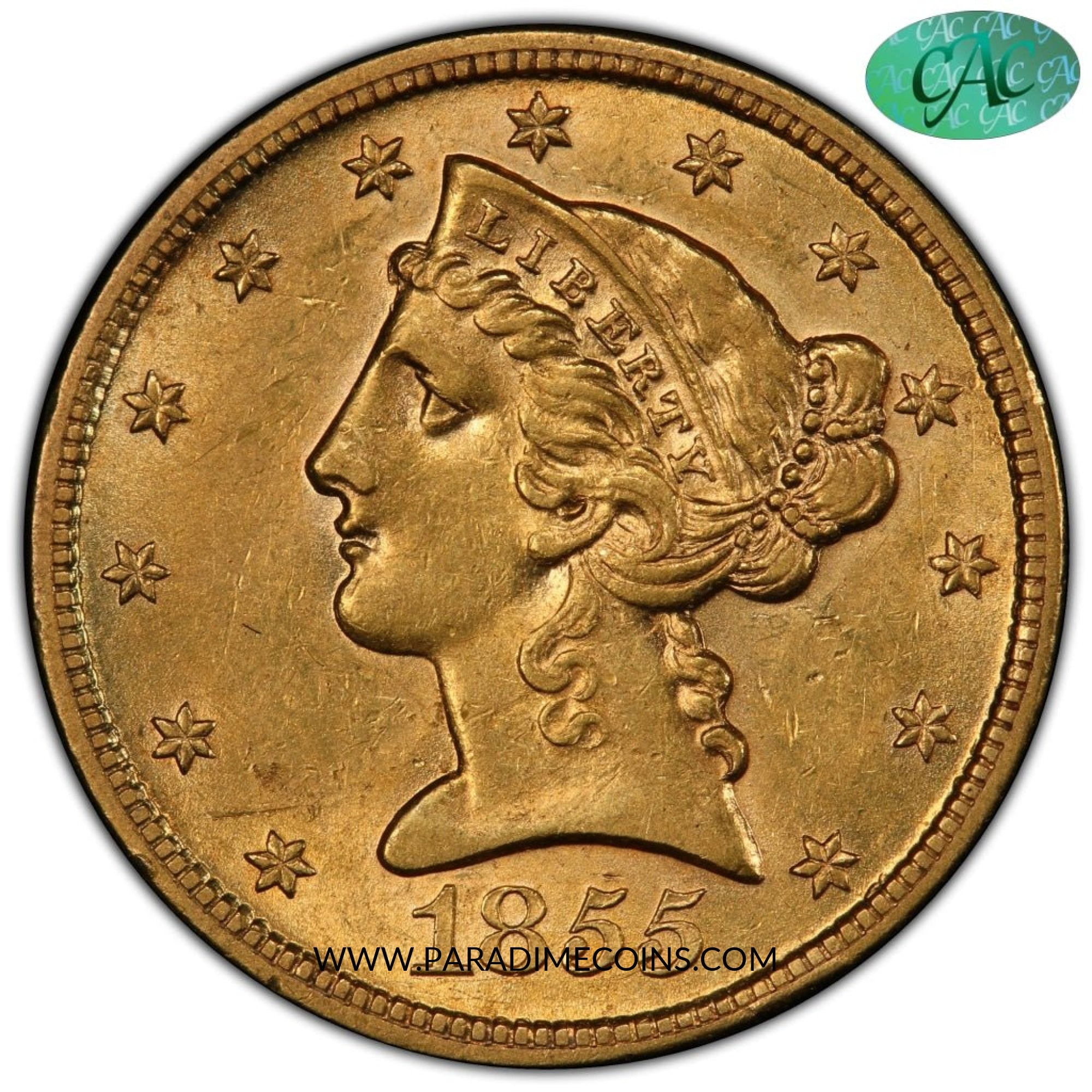 1855-S $5 AU58+ PCGS CAC - Paradime Coins | PCGS NGC CACG CAC Rare US Numismatic Coins For Sale