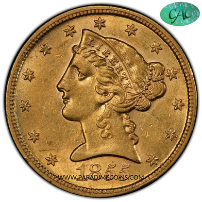 1855-S $5 AU58+ PCGS CAC - Paradime Coins | PCGS NGC CACG CAC Rare US Numismatic Coins For Sale