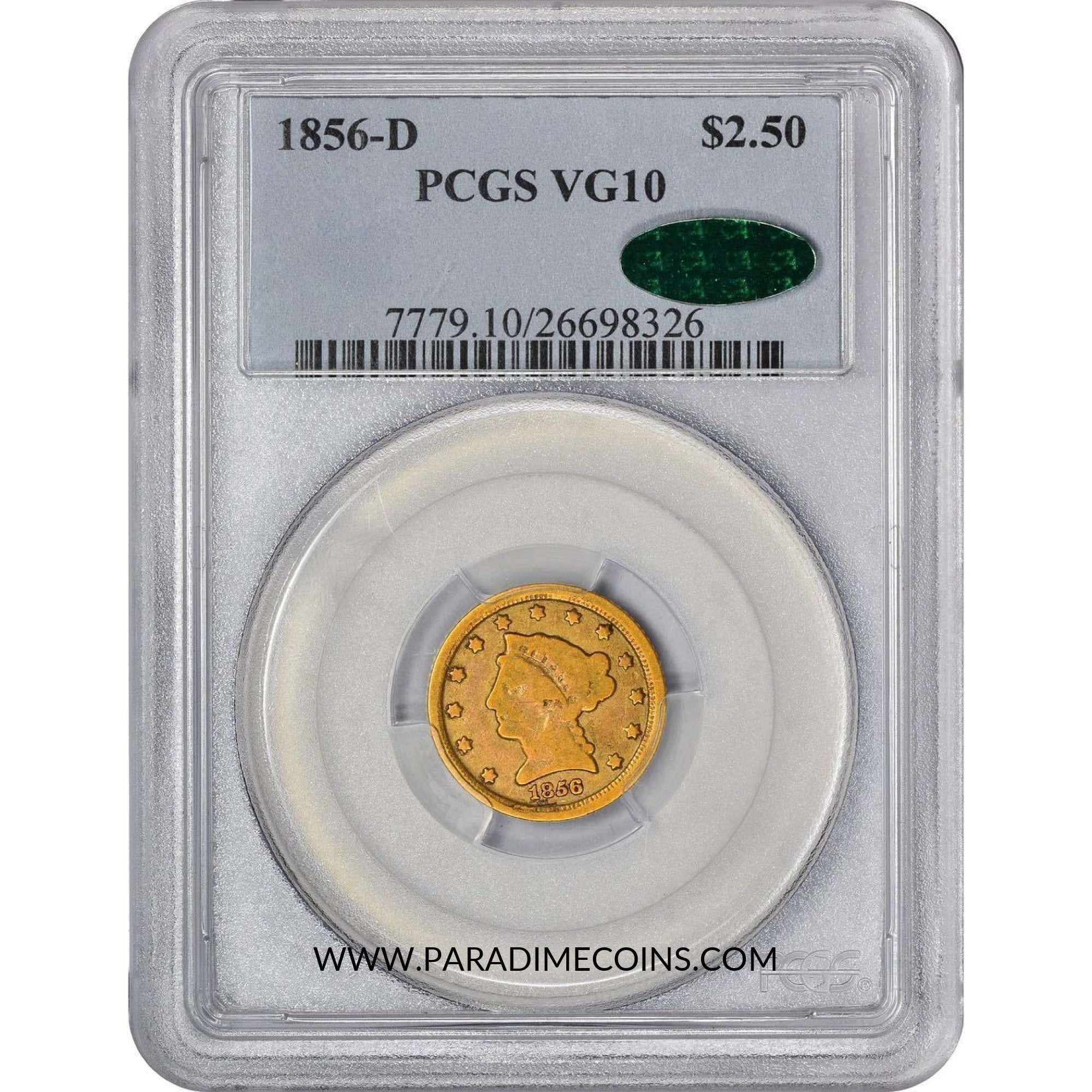 1856-D $2.5 VG10 PCGS CAC - Paradime Coins US Coins For Sale
