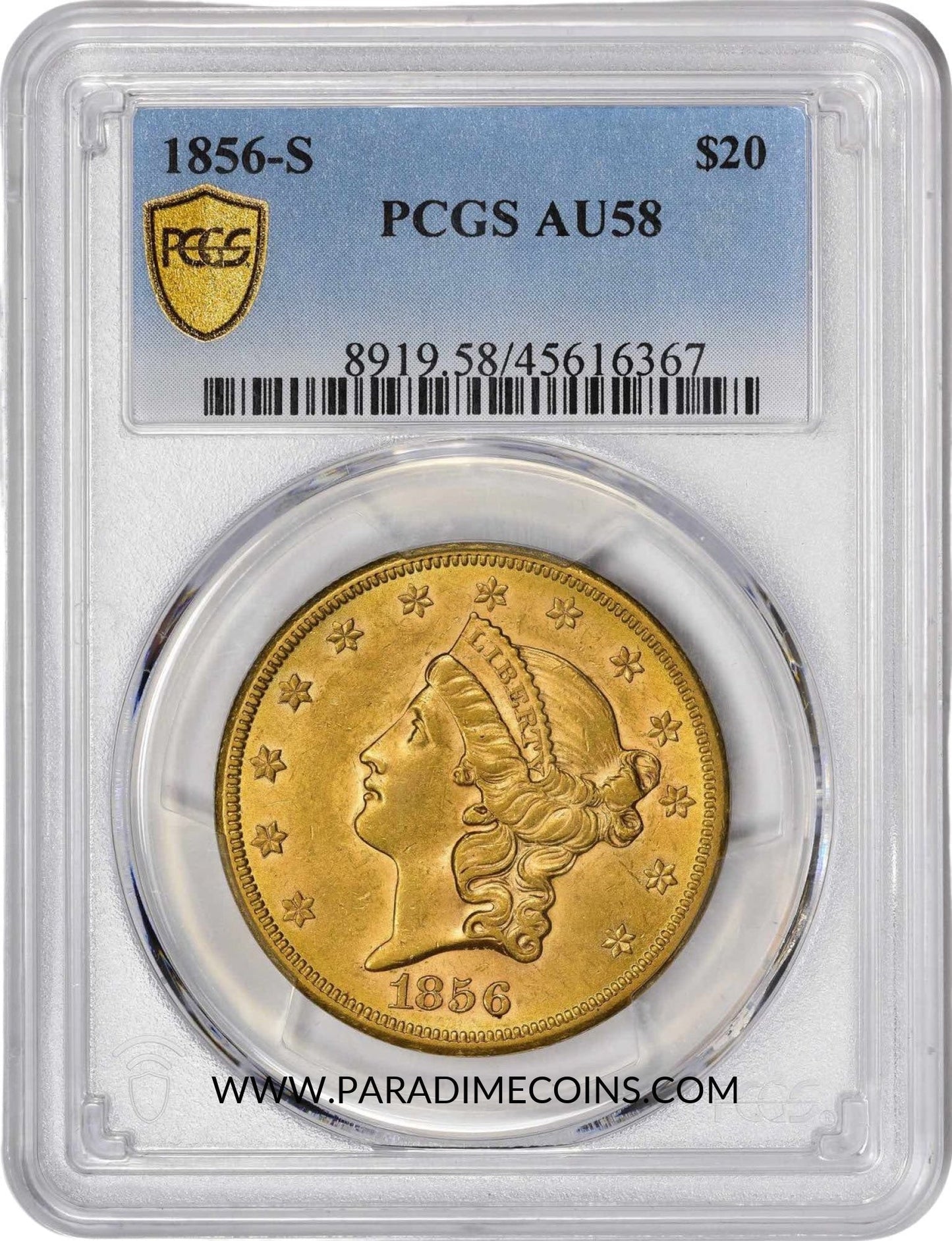 1856-S $20 AU58 PCGS - Paradime Coins | PCGS NGC CACG CAC Rare US Numismatic Coins For Sale